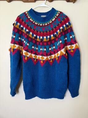 Vintage IVY Hand Knit Fair Isle Pom Pom Sweater Blue Nordic Cottagecore Size L